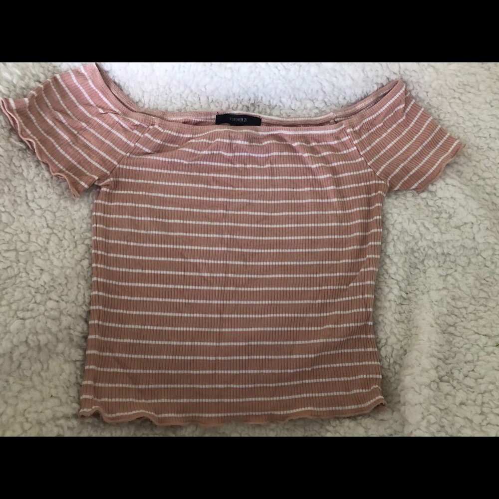 PINK WHITE STRIPED RIBBED RUFFLE TOP